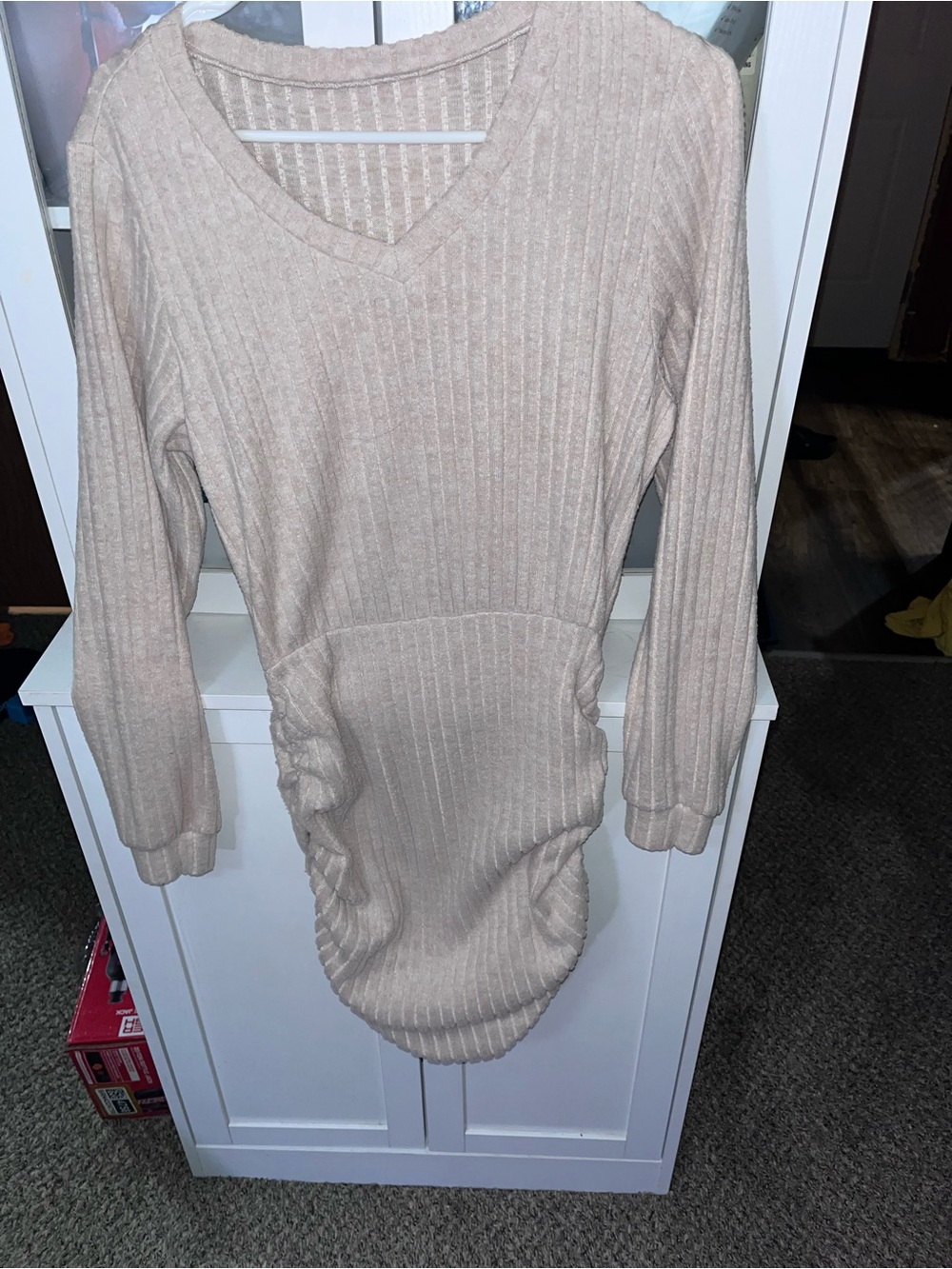 V-Neck Ribbed Long Sleeve Sweater Dress - Cream Shein Size S